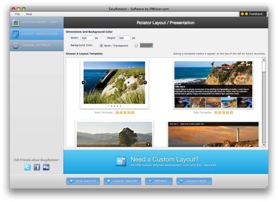 ~ Layout View ~&lt;br/&gt;Customize dimensions and background color, then select from almost two dozen built-in templates.